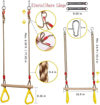 Morwealth Multifunktions Kinderholz Trapeze Schaukel mit Kunststoffringen Turnringe Ringe zum Aufhän