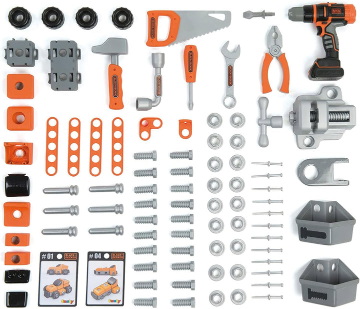 Smoby - Black+Decker Werkbank Center - 92-teilig, mit mechanischem Akkuschrauber, Autobausatz, Werkz