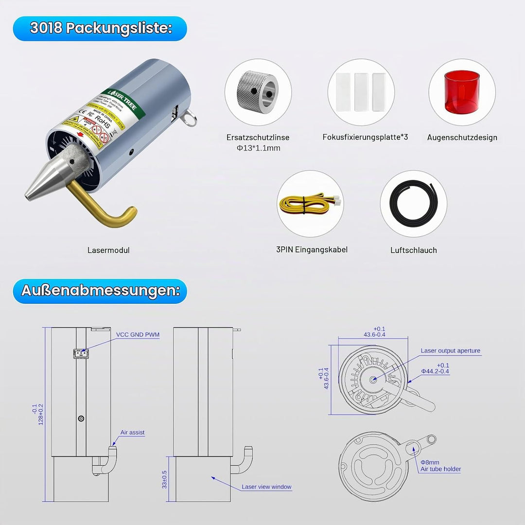 LASER TREE CNC 3018 Lasermodul kit, 5W optischer Leistungslaserkopf mit Luftunterstützung, feste Bre