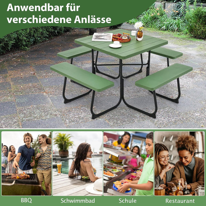 COSTWAY Sitzgarnitur für 8 Personen, Picknicktisch mit Schirmloch & 4 Bänken, quadratischer Gartenti