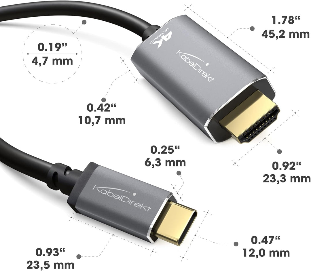 KabelDirekt – USB C auf HDMI Adapter Kabel mit bruchfesten Metallsteckern – 2m (überträgt 4K-Video b