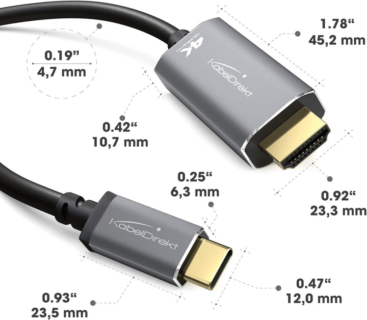 KabelDirekt – USB C auf HDMI Adapter Kabel mit bruchfesten Metallsteckern – 2m (überträgt 4K-Video b