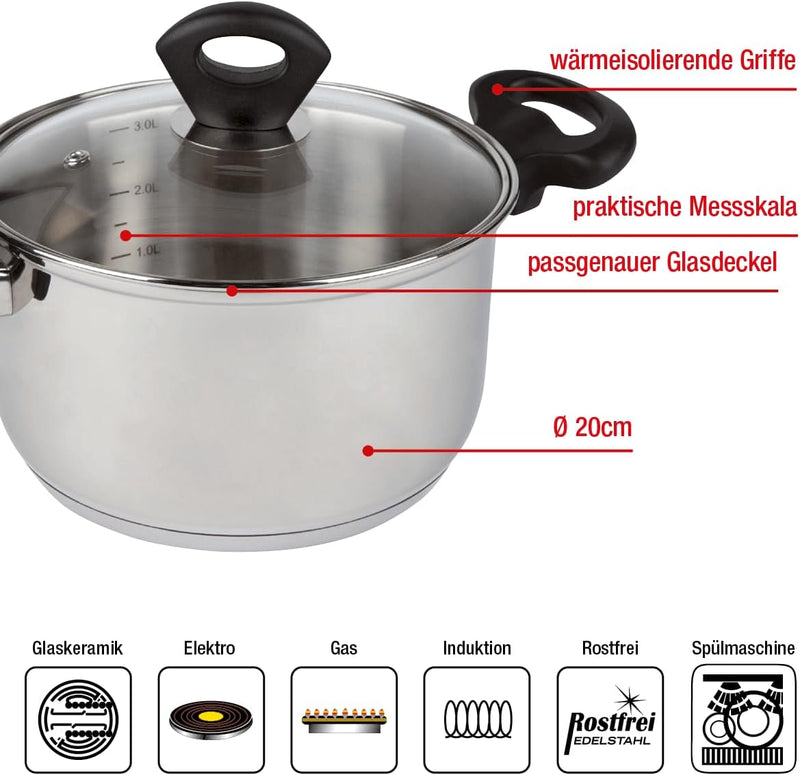EUROHOME Bratentopf mit Glasdeckel und induktionsgeeignet - Kochtopf Edelstahl Ø20 cm - Hochwertiger