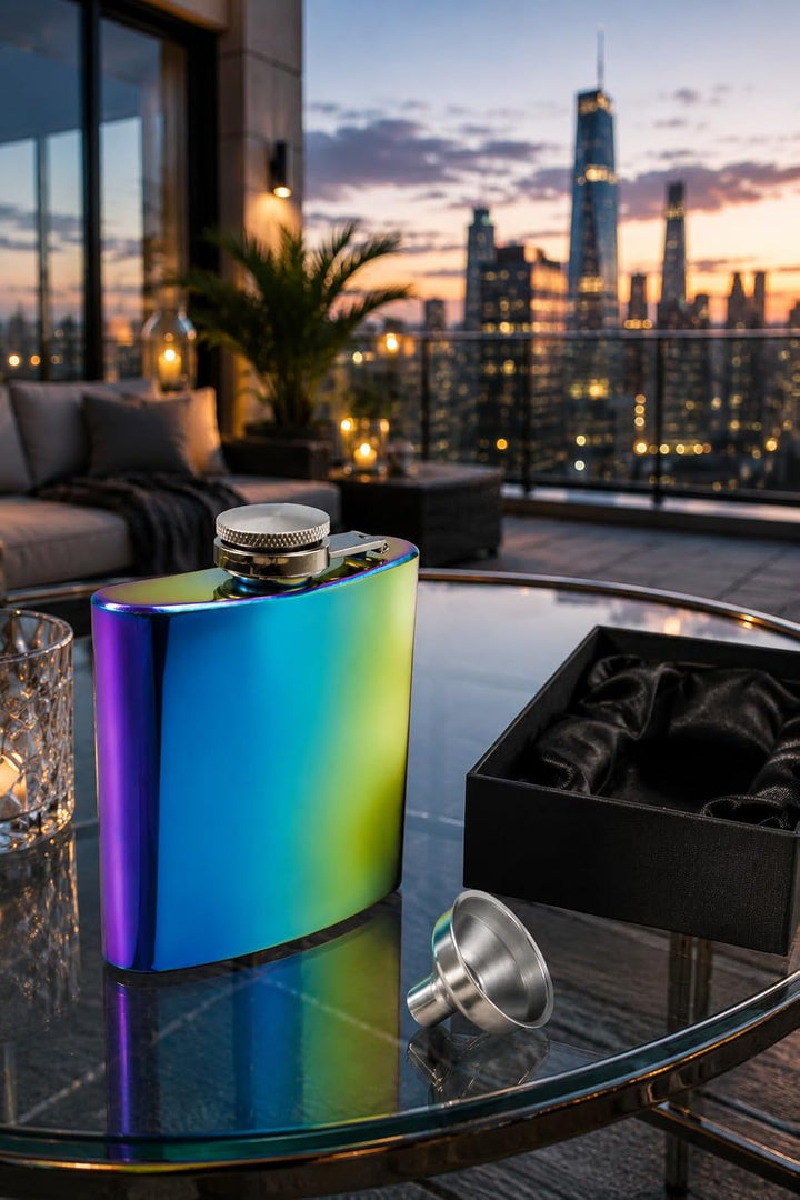 Edelstahl Flachmann, 175ml, Regenbogen Effektlack-Design, verspiegelt, in Geschenkbox