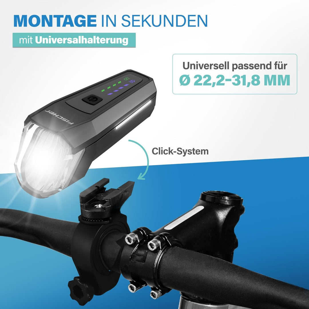 FISCHER Fahrrad LED-Frontlicht 110 Lux, mit Sensormodus, Leuchtweiteneinstellung, bis zu 20 Stunden