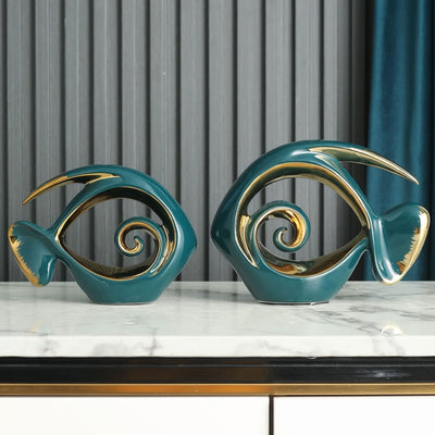 Grüne goldene Keramik-Fischfiguren – Küstendekoration für Wohnzimmer, Esszimmer, Badezimmer, Büro, C