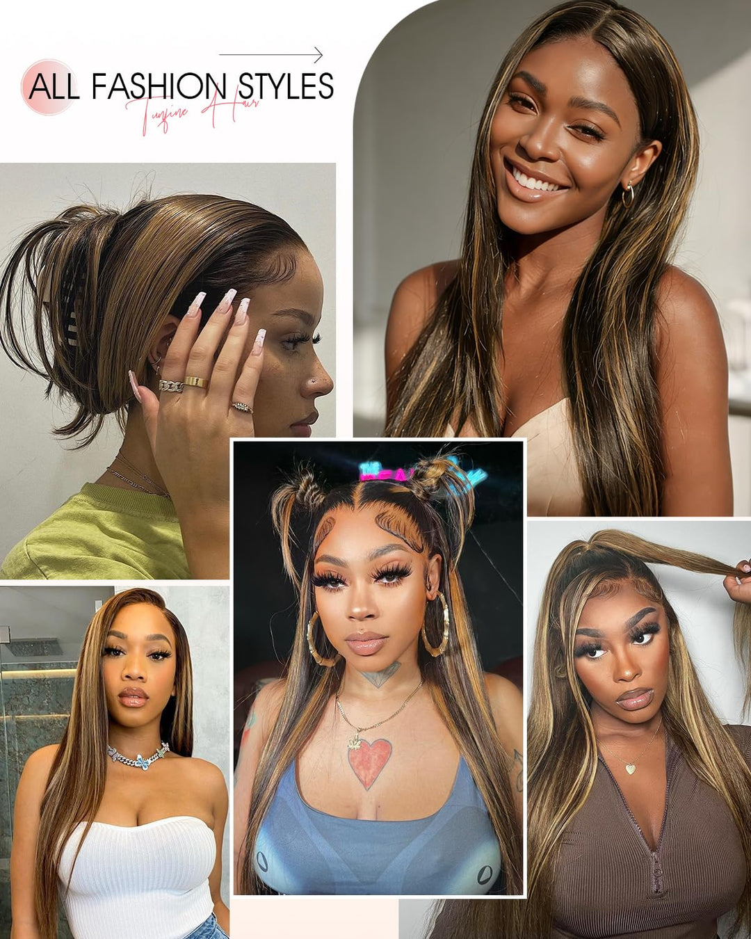 Tunfine Highlight Ombre Human Hair Straight Wig for Women 13x4 Lace Front Wig with Pre-Plucked Hairl