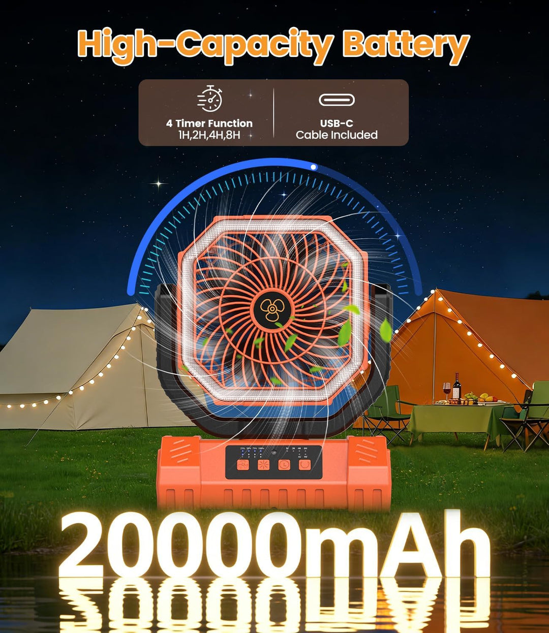 Camping Ventilator, 20000mAh Tragbarer Ventilator Akku mit LED Licht & Fernbedienung, Haken, USB Ven