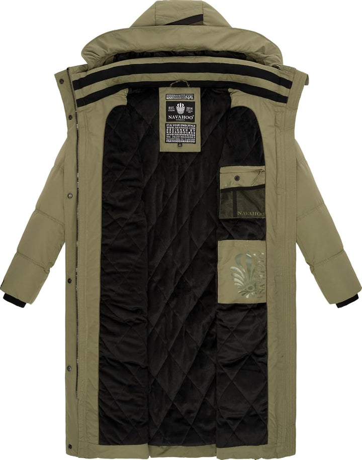 Navahoo Damen Wintermantel Warmer Steppmantel lang mit Kapuze Kuschelmausi S-XXL L Olive Leaf, L Oli