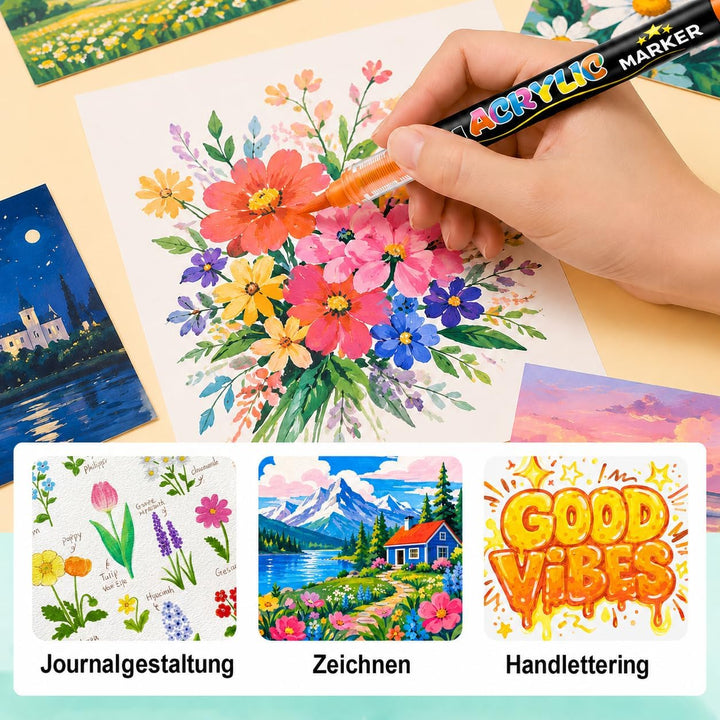 72 Farben Acrylstifte Set Wasserfest – Acrylmarker Acrylic Marker mit Pinselspitze &amp; Direktfluss zum