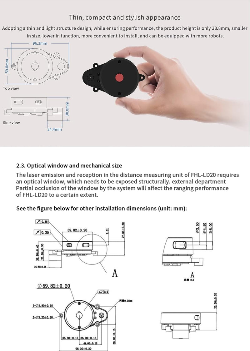 youyeetoo FHL-LD20 8 Meter 360° Lidar-Sensor, bietet Kompatibel mit Raspberry Pi C/ROS1&2 Tutorial,