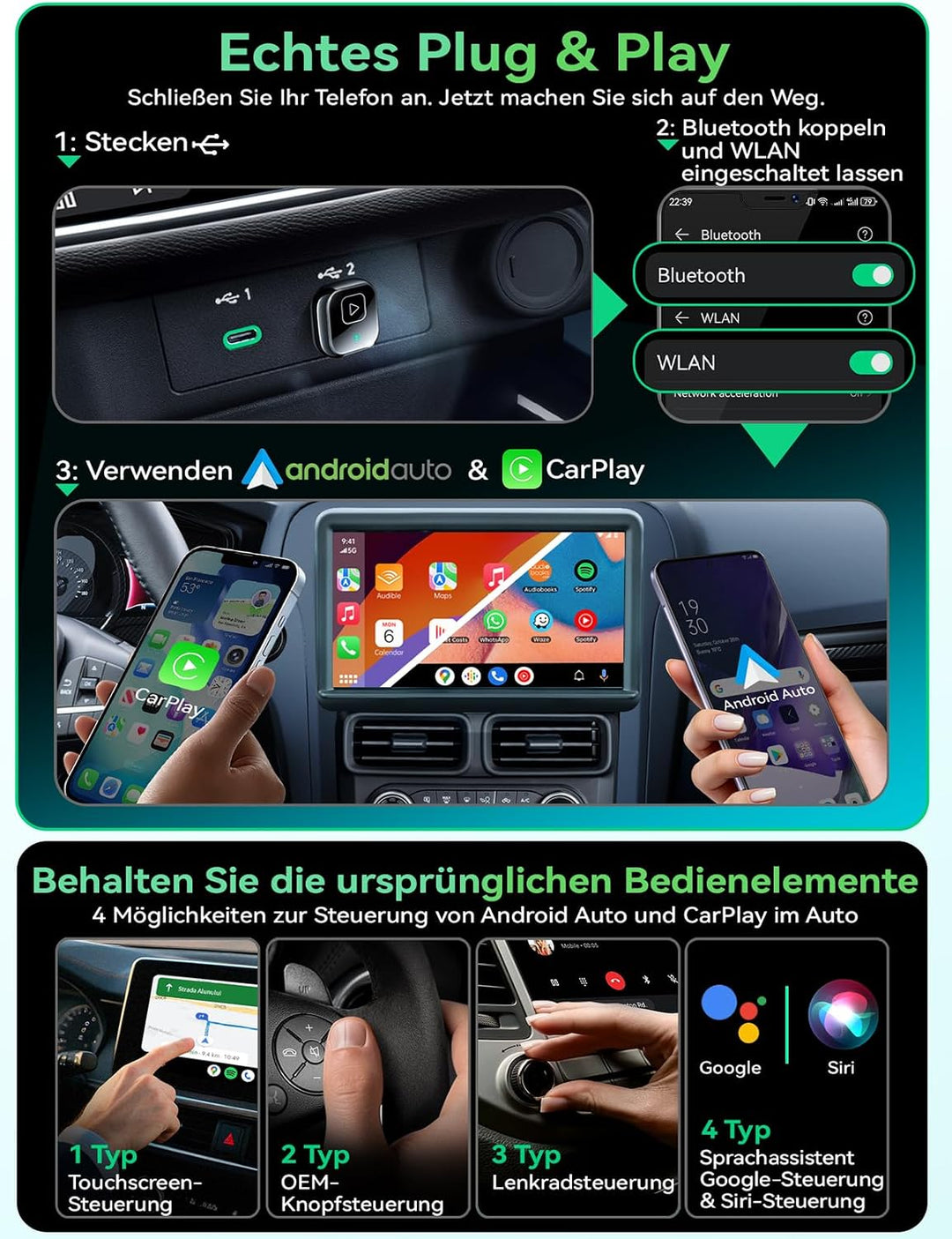 Wireless Carplay & Android Auto Adapter, Mavlou Metalldesign Mini & Stabiler 2-in-1-Dongle, Convert