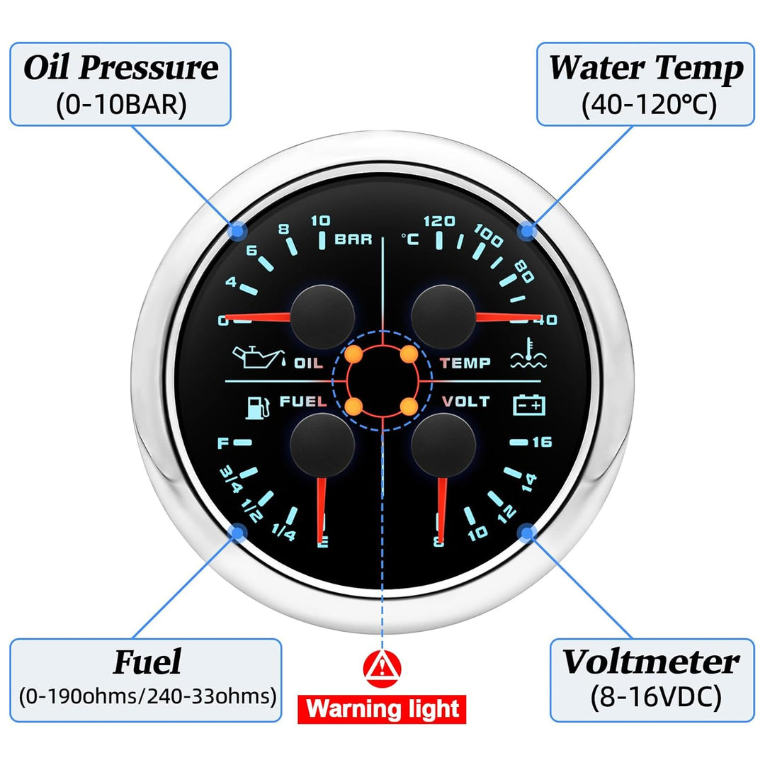 85mm 4in 1 Multifunktionales Messgerät, wasserdichter Kraftstoffstand 0-190 ohms Öldruck Wassertempe