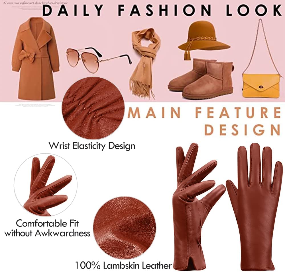 MGGMOKAY Damen Lederhandschuhe Kaschmir gefüttert S Rot-Braun (Touchscreen, Innenfutter aus Kaschmir