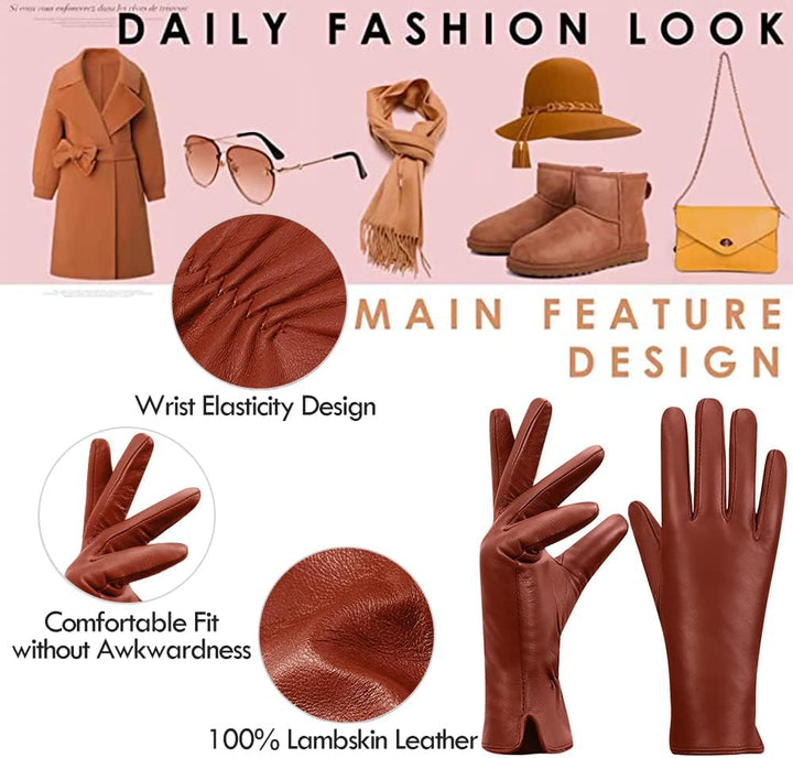 MGGMOKAY Damen Lederhandschuhe Kaschmir gefüttert S Rot-Braun (Touchscreen, Innenfutter aus Kaschmir