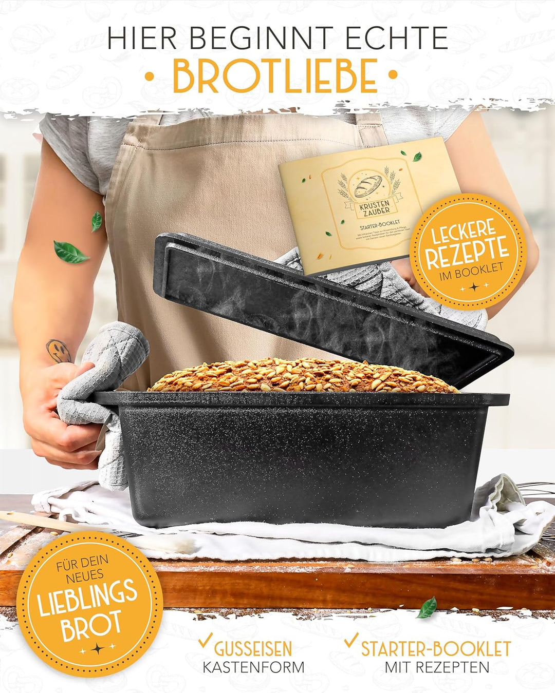 KRUSTENZAUBER Gusseisen Brotbackform mit Deckel - Robuste rechteckige 28cm Backform - Ideal als Kast