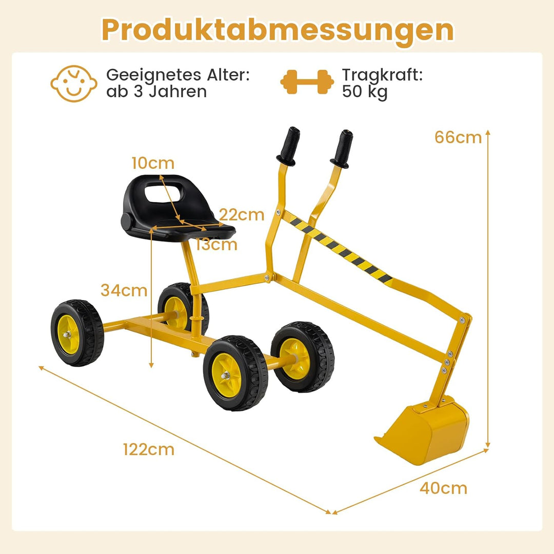 COSTWAY Sitzbagger 360° drehbar, Bagger zum Draufsitzen Metall mit Schaufel & Rädern, Bagger Sandkas