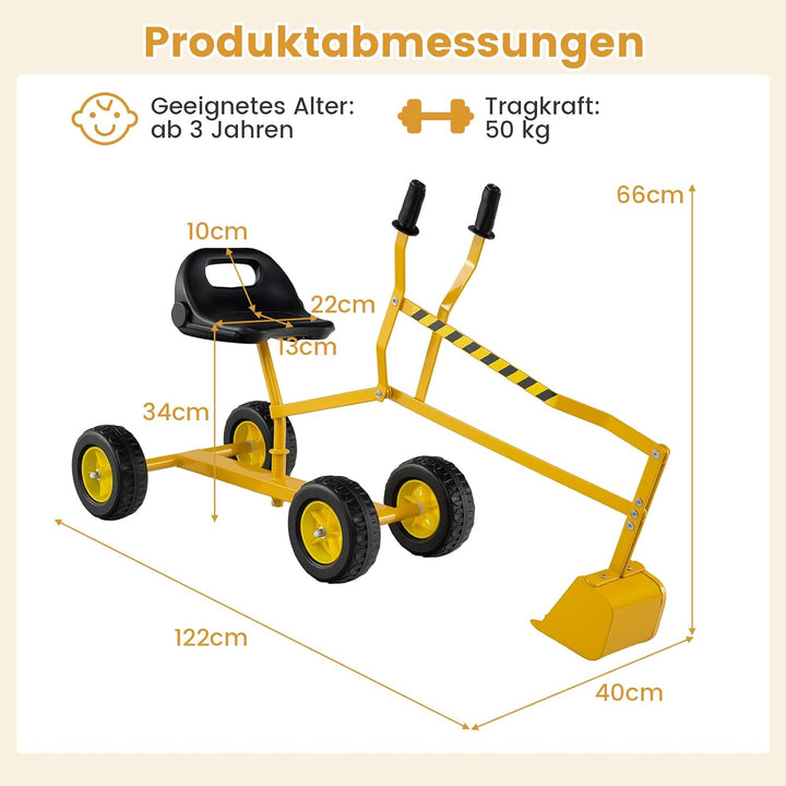 COSTWAY Sitzbagger 360° drehbar, Bagger zum Draufsitzen Metall mit Schaufel & Rädern, Bagger Sandkas