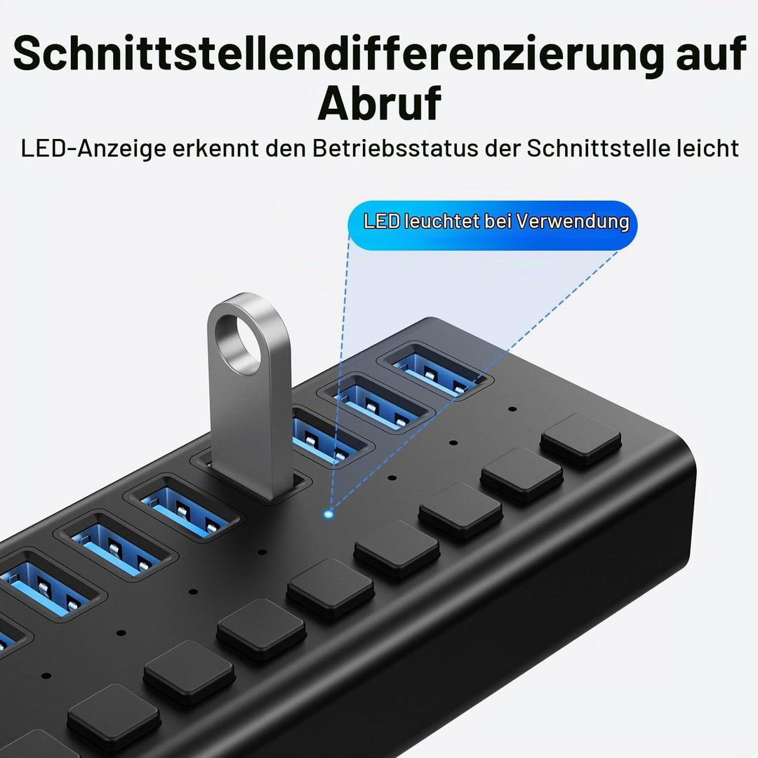 Powered USB Hub 10Gbps, 16 Ports 96W USB 3.2 Hub, Individual On/Off Switches, 12V/8A Power Adapter,