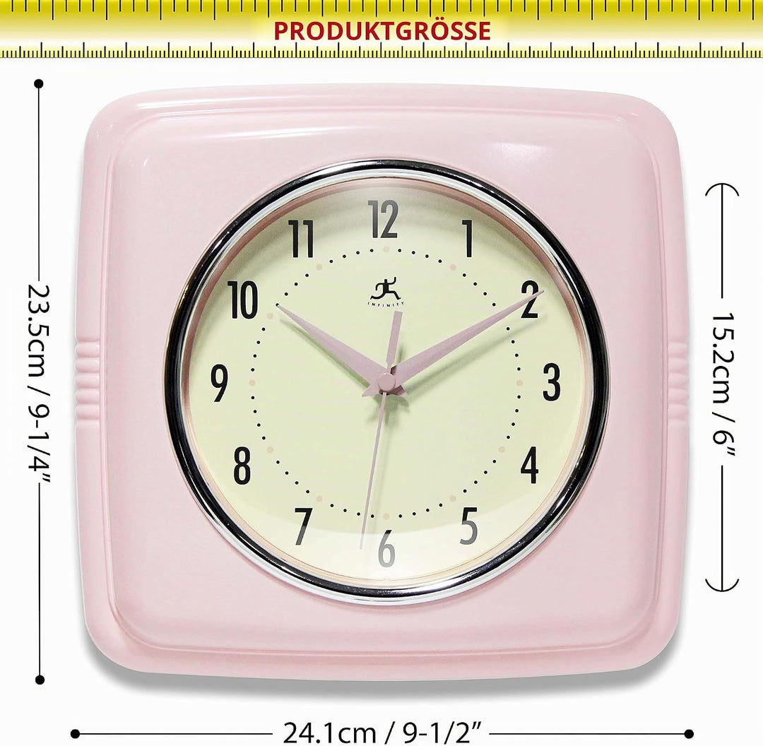 Infinity Instruments Quadratische, stille Retro-Wanduhr, 22,9 cm, Mitte des Jahrhunderts, Moderne Kü