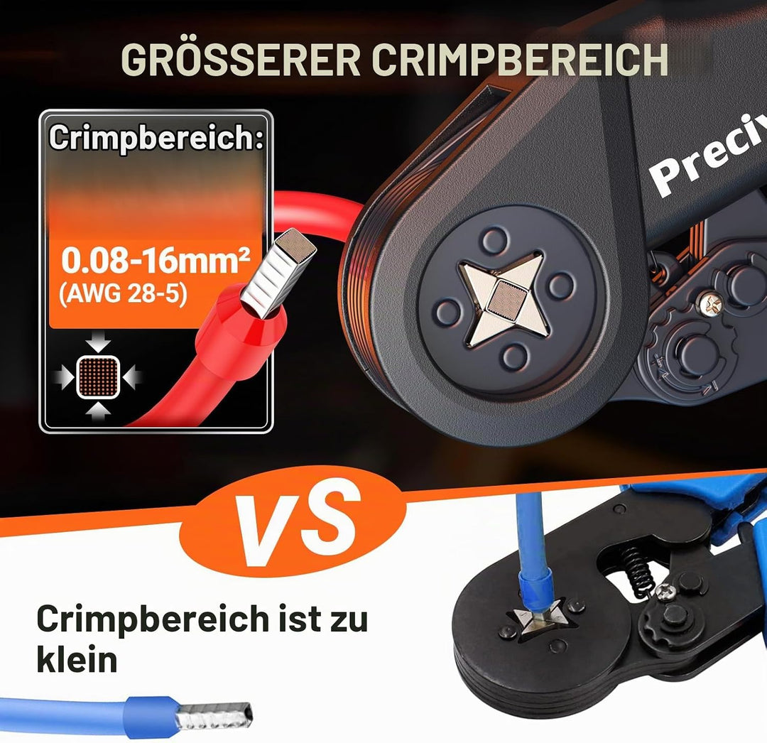 Preciva Crimpzangen 0.08-16mm²（AWG28-5）,Aderendhülsenzange Vierkant-Crimpzange Presszange für Kabelk