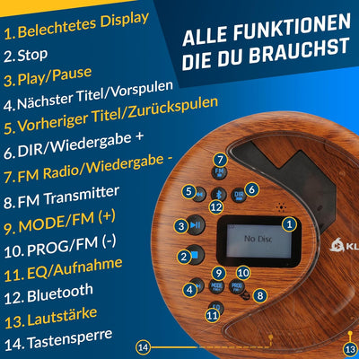 KLIM Discover Wood + Tragbarer CD-Player Walkman mit langlebigem Akku + Mit Kopfhörern + Radio FM +