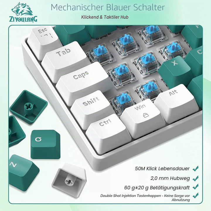 ZIYOU LANG T60 Wired Gaming-Tastatur mit Spiral USB-C Kabel - Kompakt 60% UK Layout(QWERTY) Mechanis