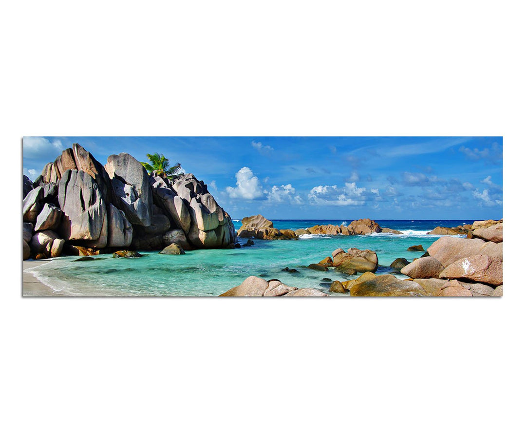 Paul Sinus Art Panoramabild auf Leinwand und Keilrahmen 150x50cm Seychellen Strand Meer Felsen