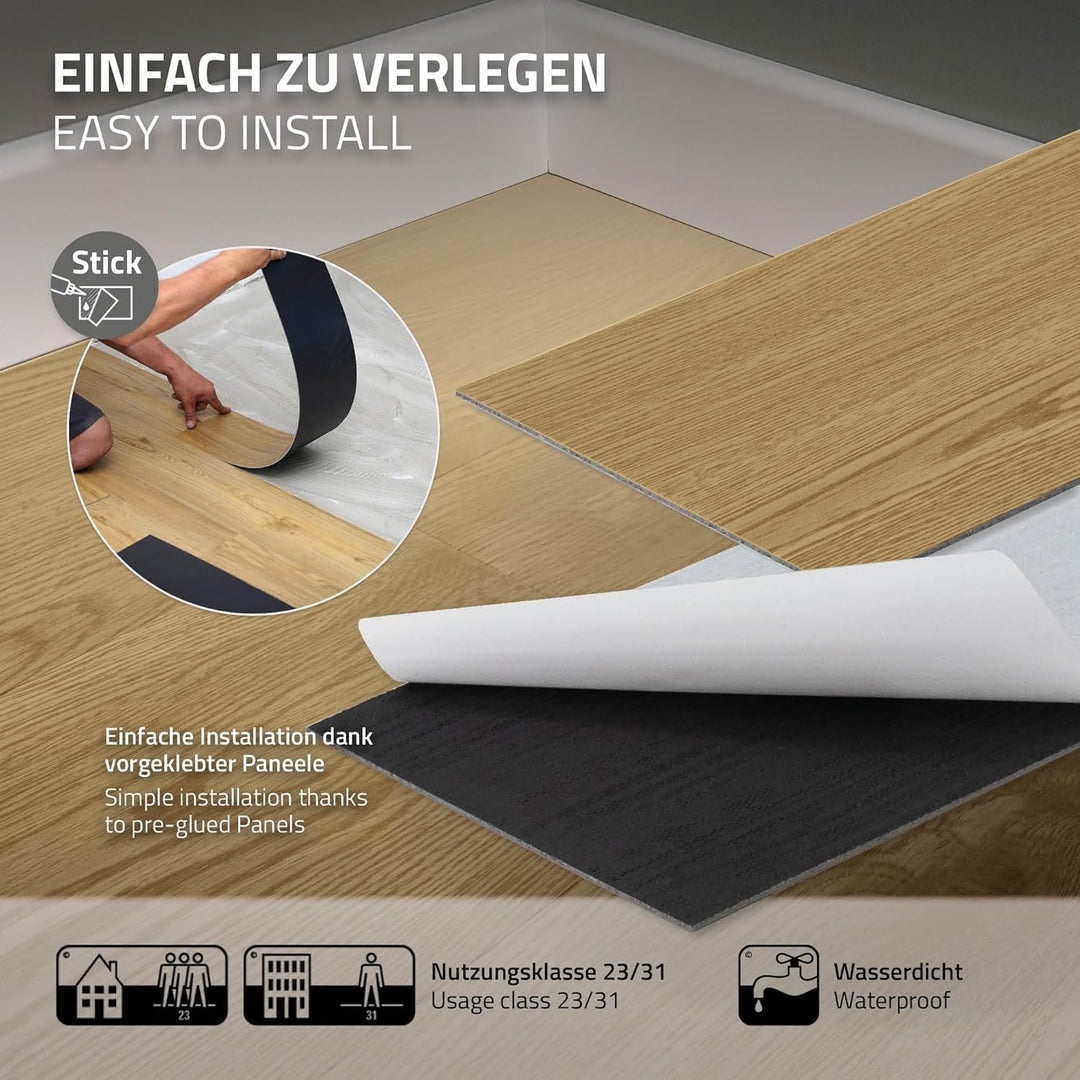 ML-Design Deluxe PVC Bodenbelag, Selbstklebende Vinyl-Dielen, Vinylboden, 91,5 cm x 15,3 cm x 2 mm,