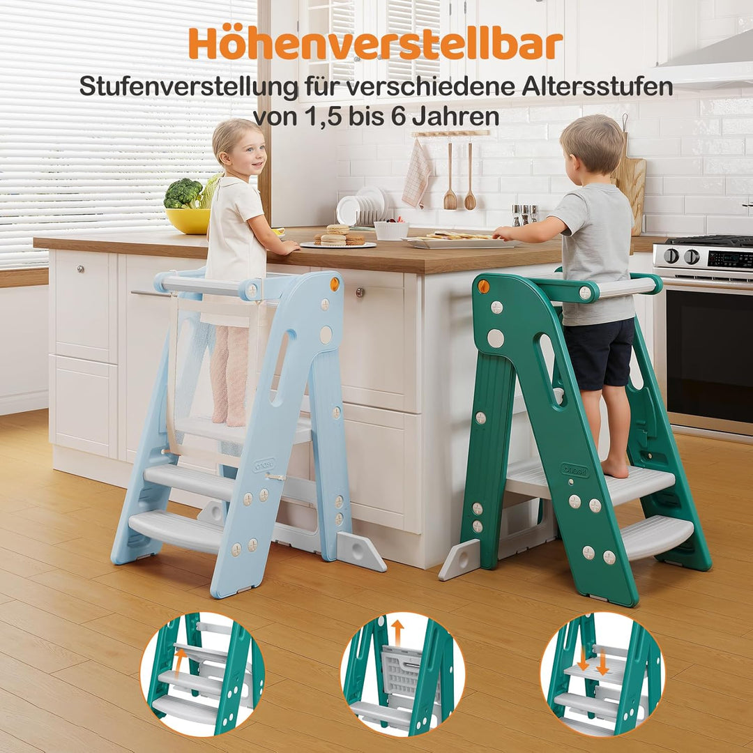 Onasti Lernturm für Kinder mit Sicherheitsgeländer, Lernturm Klappbar, Höhenverstellbar, Learning To