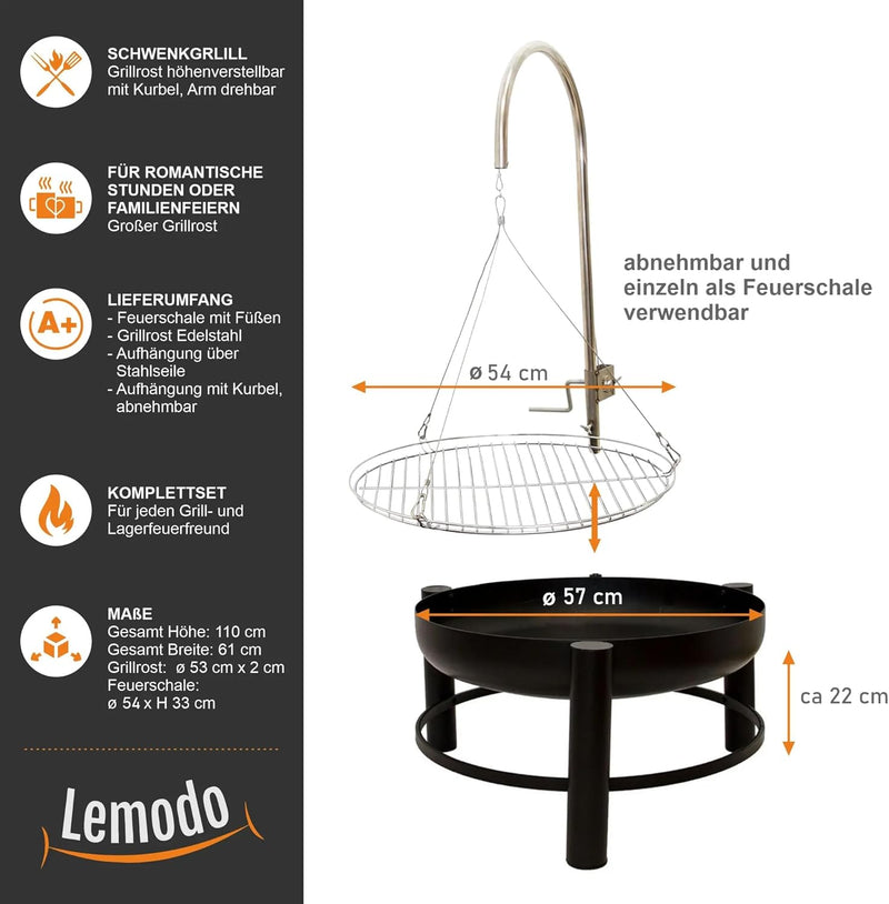NATIV Lemodo Feuerschale mit Grillrost - Dreibein-Schwenkgrill - Dreifuss-Grill mit Kurbel zur Höhen