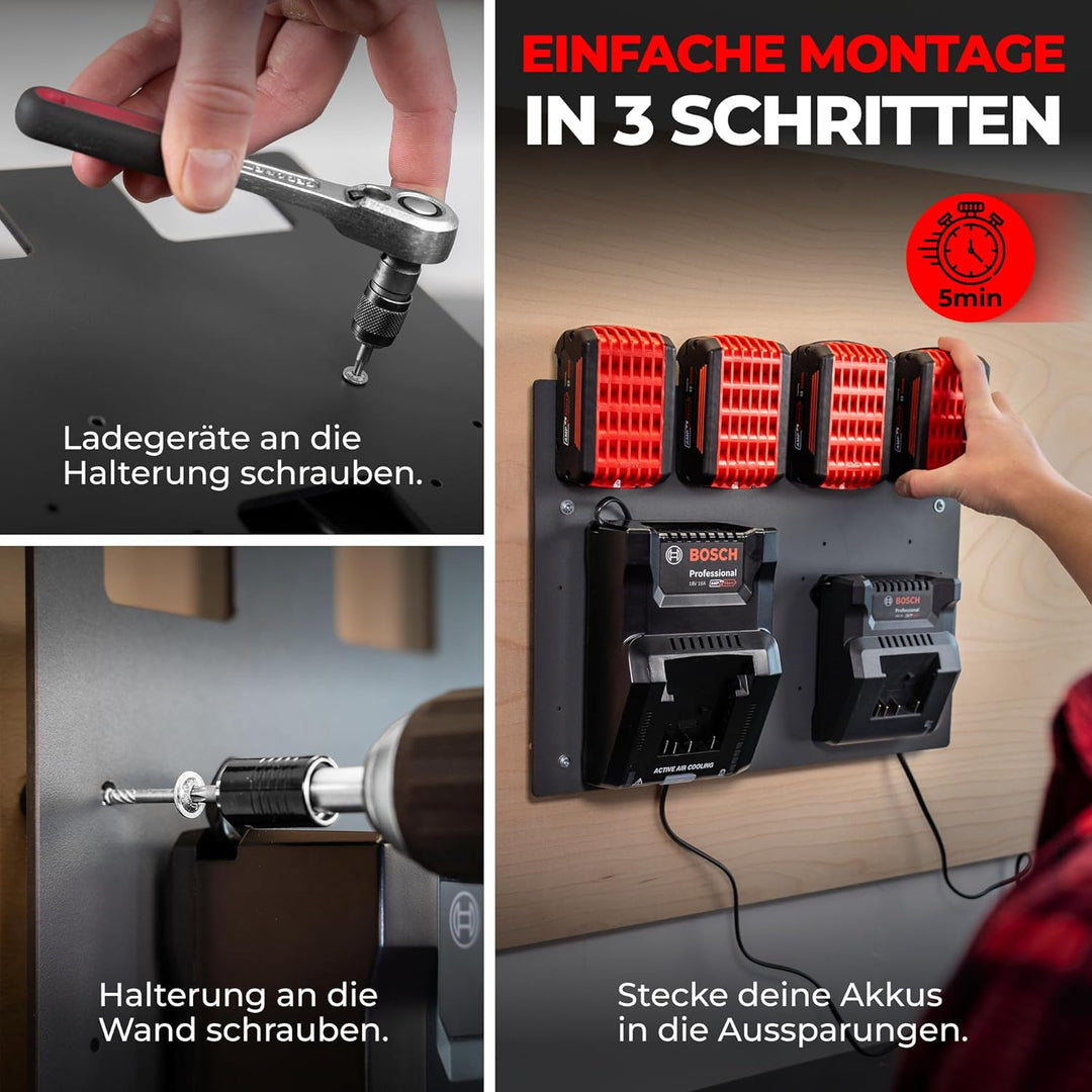 Wandhalterung für Bosch Akkus und Ladegeräte - Das Original | inkl. Befestigungsmaterial [Made IN Au