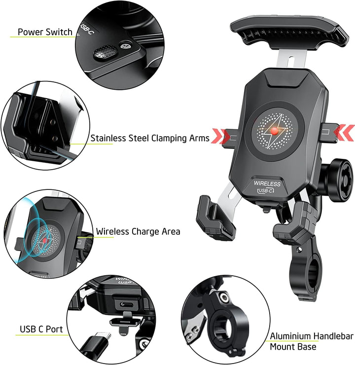 iMESTOU Motorrad Kabellose Telefonhalterung Ladegerät mit Qi &amp; USB C Port, Anti-Diebstahl 1 "Ball Le