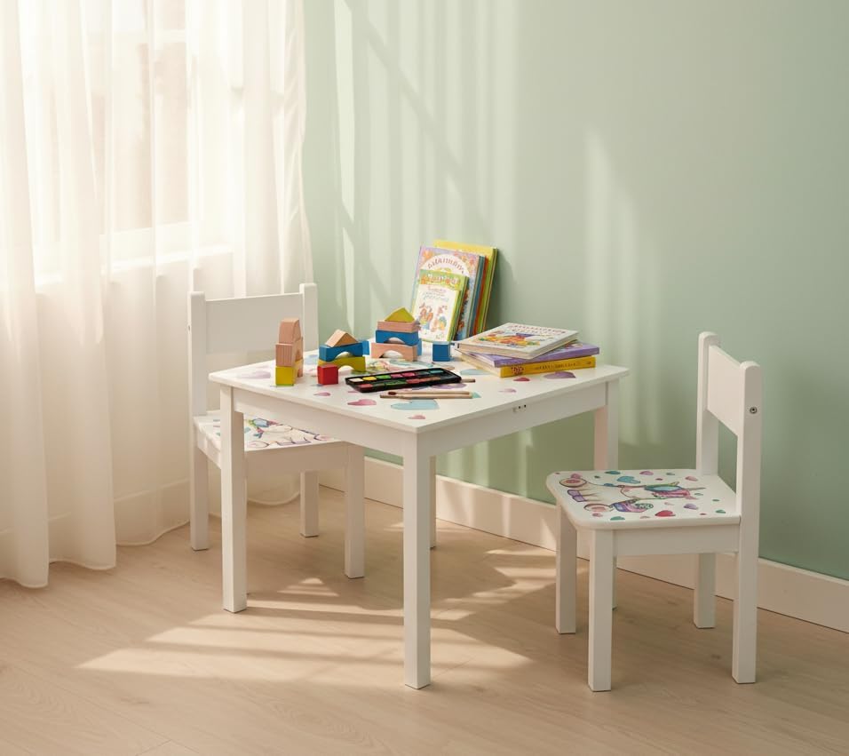 Leomark Kindertisch und 2 Stühle aus Holz Weiss YETI, Kinder Sitzgruppe