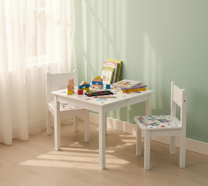 Leomark Kindertisch und 2 Stühle aus Holz Weiss YETI, Kinder Sitzgruppe