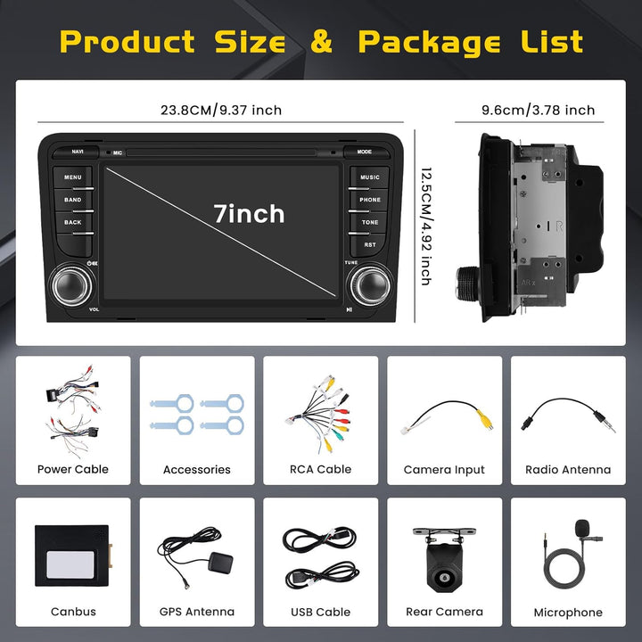 [4G+64G] Inefala Android 15 Autoradio für Audi A3 S3 RS3 8P 2003-2012 mit Wireless Carplay Android,