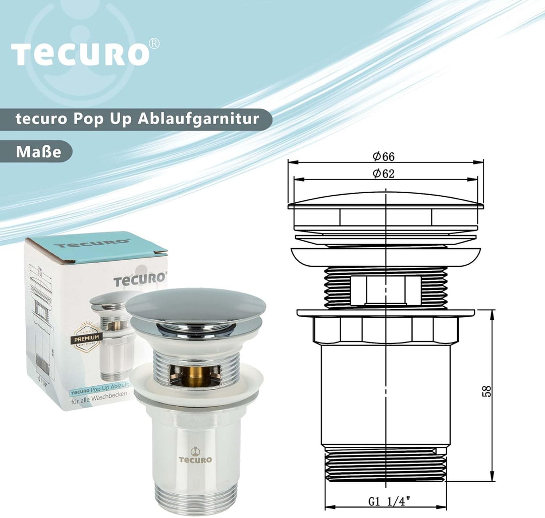 tecuro Pop-Up Ablaufgarnitur 1 1/4 Zoll Anschluss für Waschbecken und Waschtische, Universalgrösse f