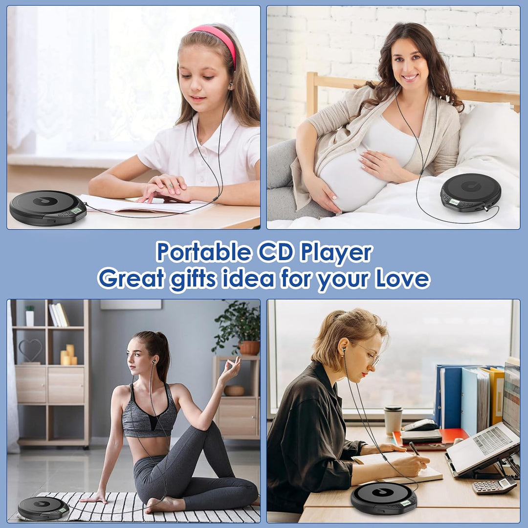 Gueray CD Player Tragbar CD Players Kinder Tragbarer CD-Player fürs Auto Discman mit Kopfhörer LCD-D