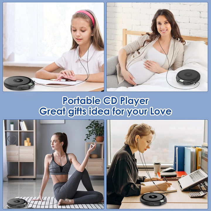 Gueray CD Player Tragbar CD Players Kinder Tragbarer CD-Player fürs Auto Discman mit Kopfhörer LCD-D