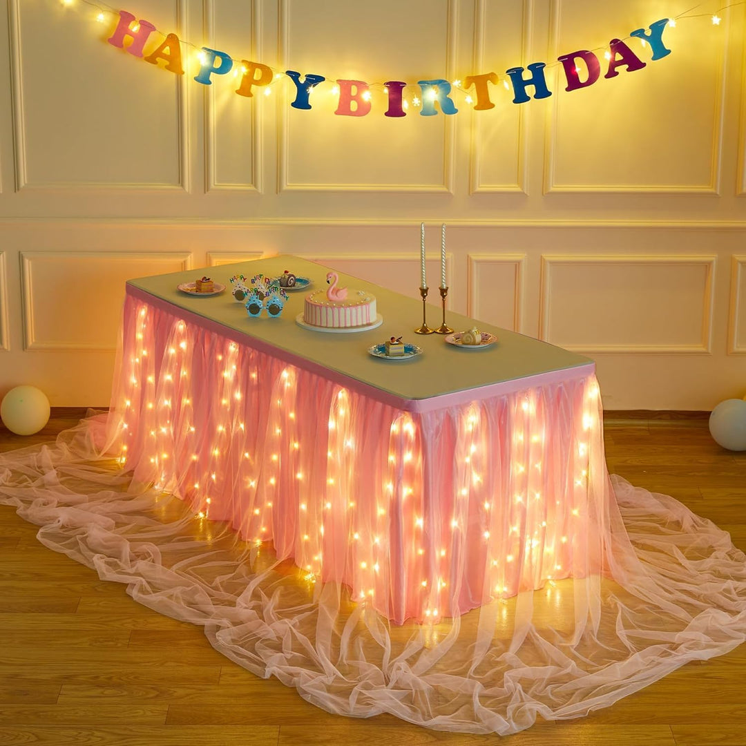 HBBMAGIC Baby Rosa Tüll Tischrock Mit Licht, 2-Langer 183cm Lang Rosa Rüschen Tulle Tischröcke, Wasc