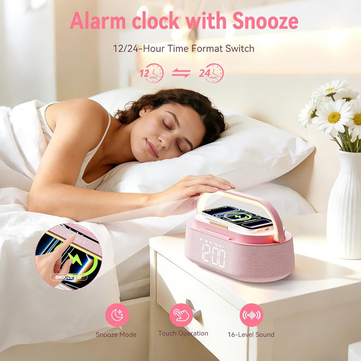 COLSUR Radiowecker Digital mit Wireless Charger, Bluetooth Lautsprecher Smart Wecker Schlummerfunkti