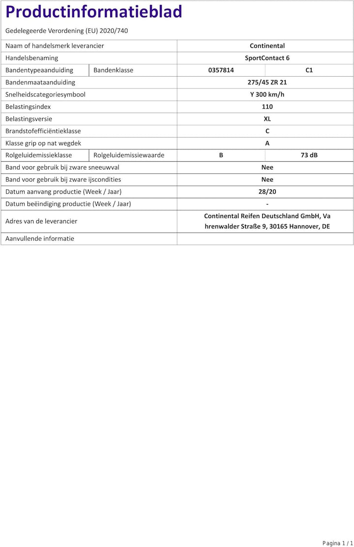 Continental SportContact 6 MO1 - 275/45 ZR21 (110Y) XL - C/A/73 - Sommerreifen (SUV, Allrad, PKW) 27