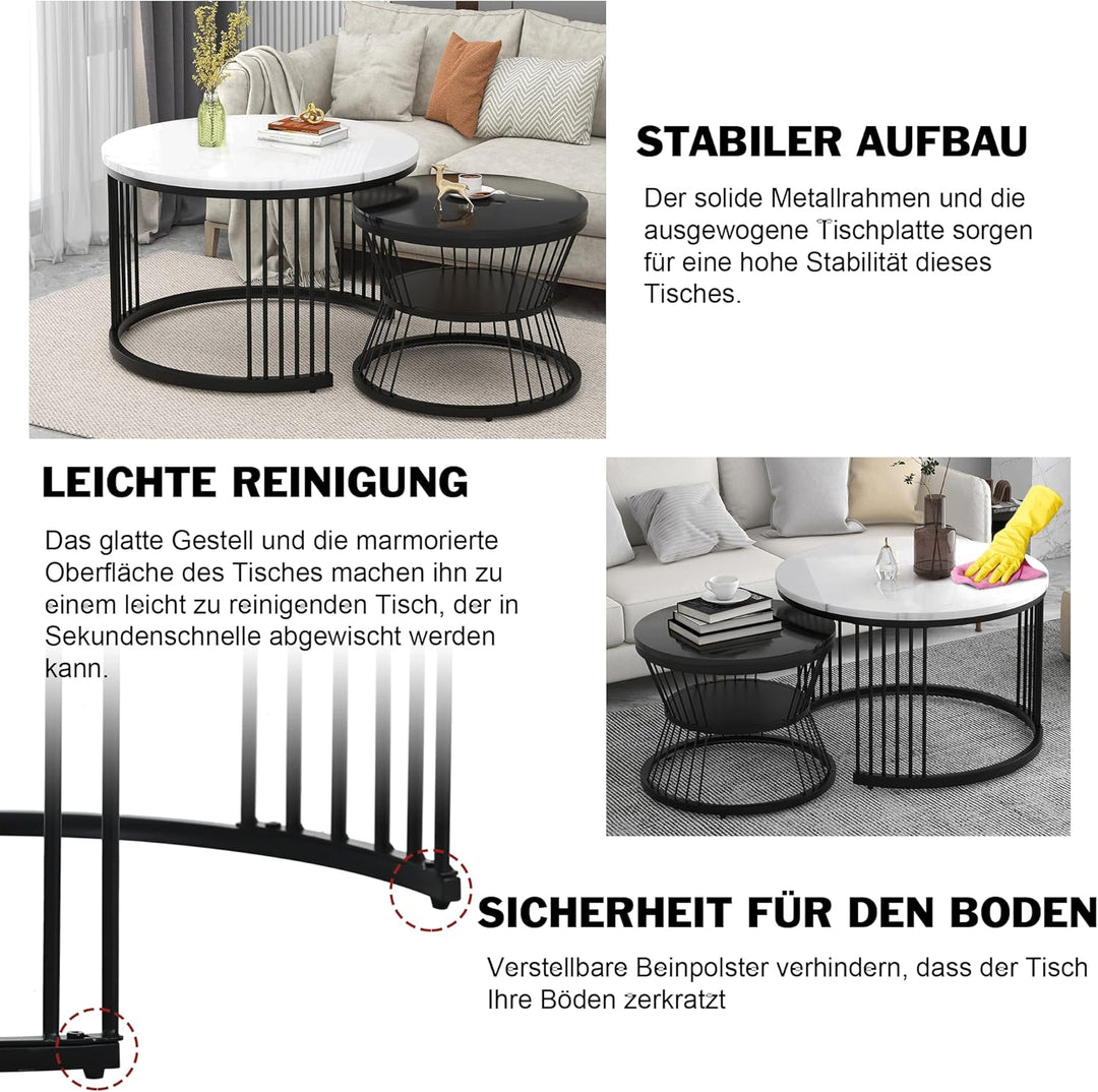 Merax Runder Couchtisch 2er Set, Moderne Beistelltisch mit Hochglanz Marmoriert für Wohnzimmer, Satz