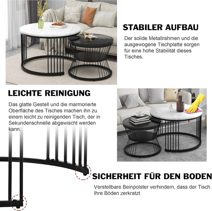 Merax Runder Couchtisch 2er Set, Moderne Beistelltisch mit Hochglanz Marmoriert für Wohnzimmer, Satz