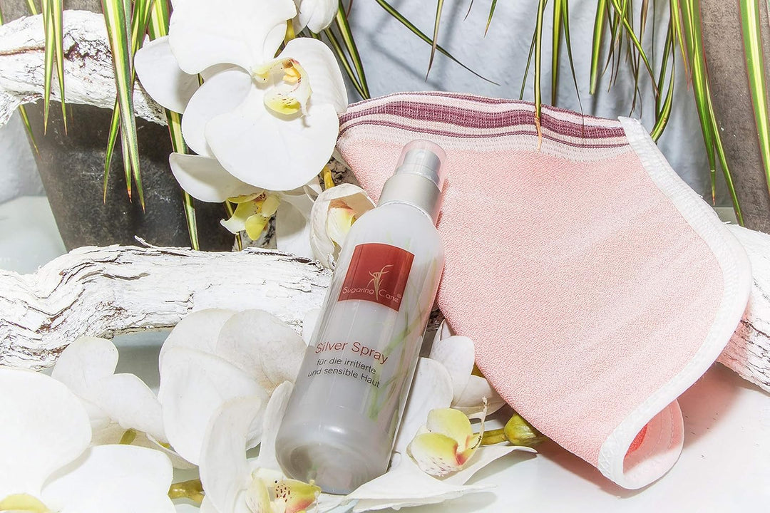 Hautpflege-Set Deluxe „Liebe deine Haut“ Silber-Spray und Peeling-Handschuh für nachhaltige Pflege &