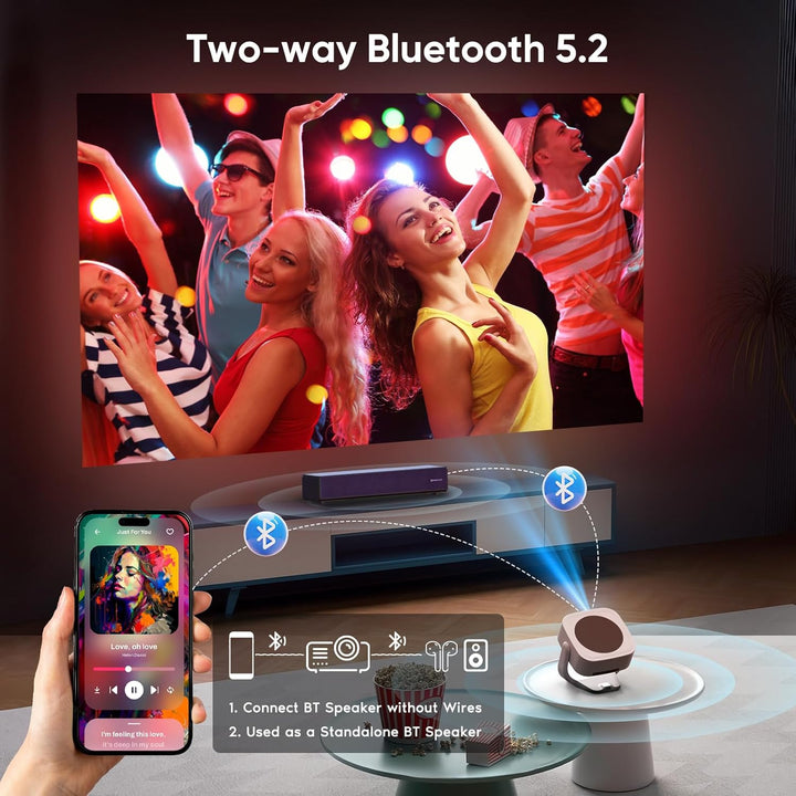 [Built-in Apps] Beamer, E-Fokus/Auto Trapezkorrektur Mini Beamer 4K Native 1080P, WiFi Buetooth Trag
