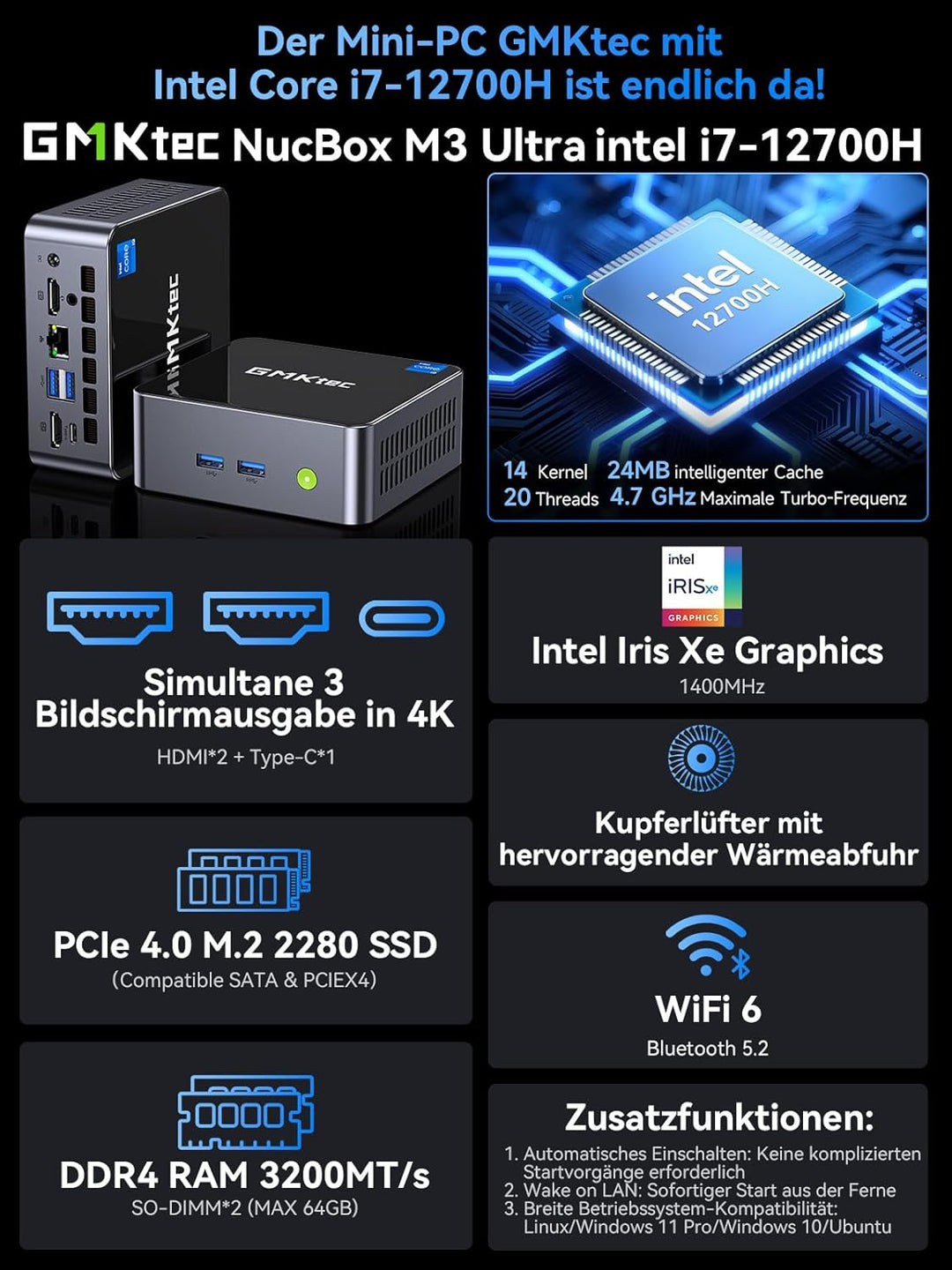 GMKtec Mini PC mit Intel Core i7 12700H (14C/20T, Turbo 4.7GHz), 16GB DDR4 RAM+1TB NVMe SSD(Support