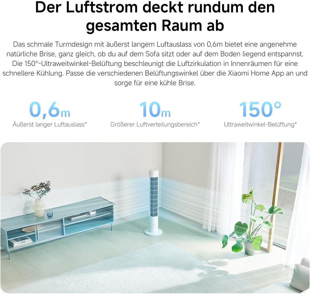 XIAOMI Smart Tower Fan 2 - Standventilator 150° Oszillation mit natürlichen Luftprofilen, Energiespa
