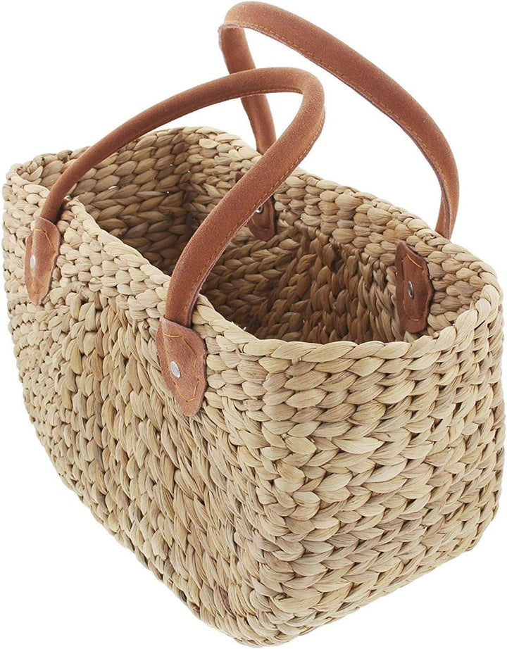 FRANK FLECHTWAREN Korbtasche mit Ledergriff, Wasserhyazinthe, 38x20x22 cm, Echtes Leder, Einkaufstas