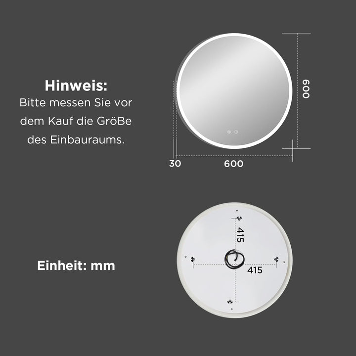 Rundspiegel 60cm mit LED-Beleuchtung, Badspiegel mit Touchschalter, 3 Lichtfarben (2700K-6500K) dimm